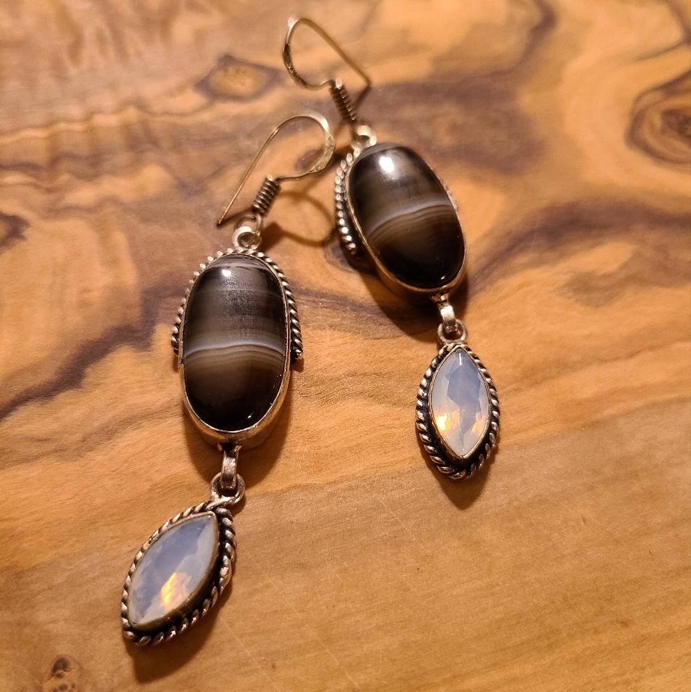 Gemstone silver earrings Botswana agate and opalite